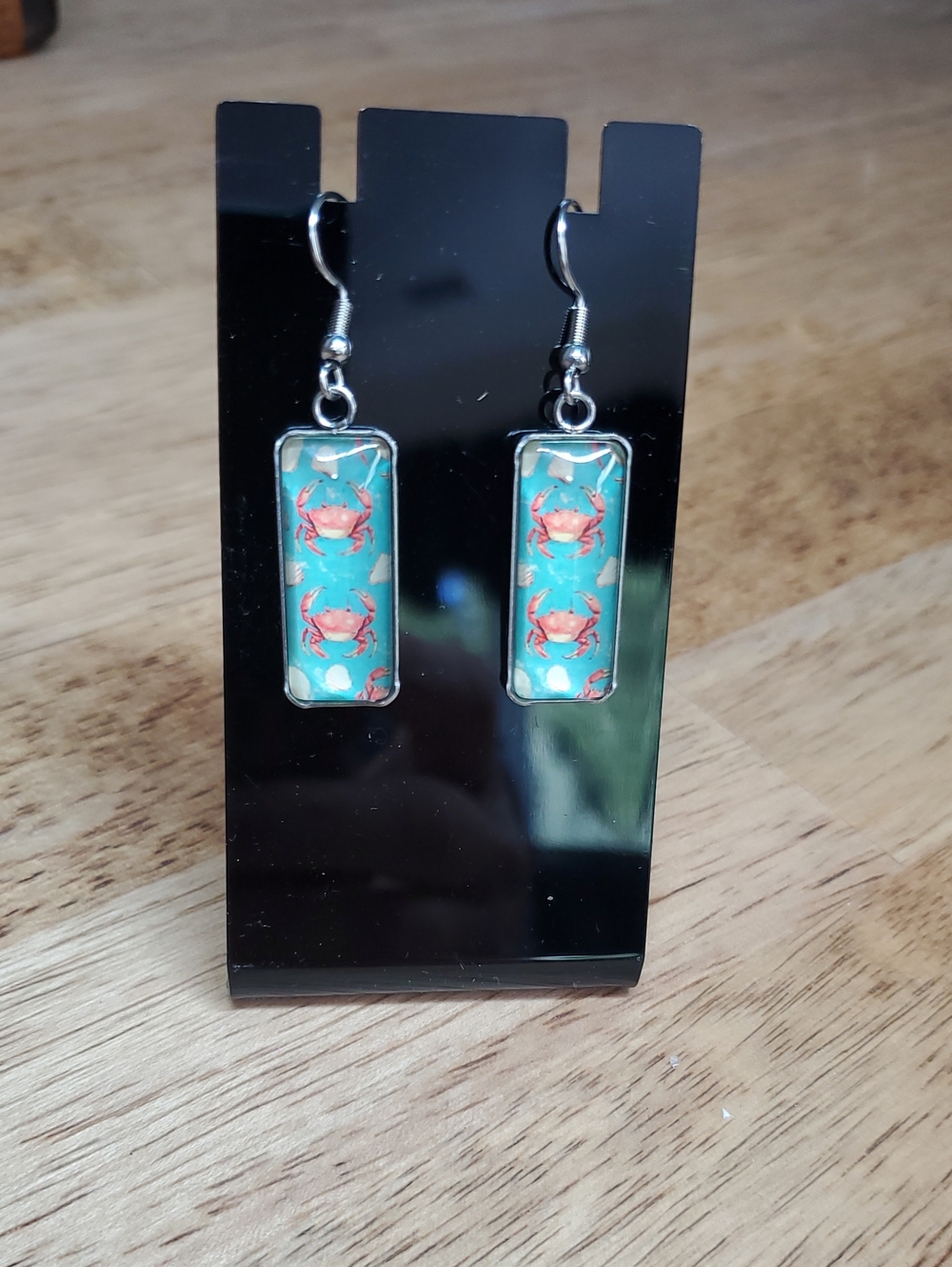 Silver-Frame Crab Rectangle Drop Earrings